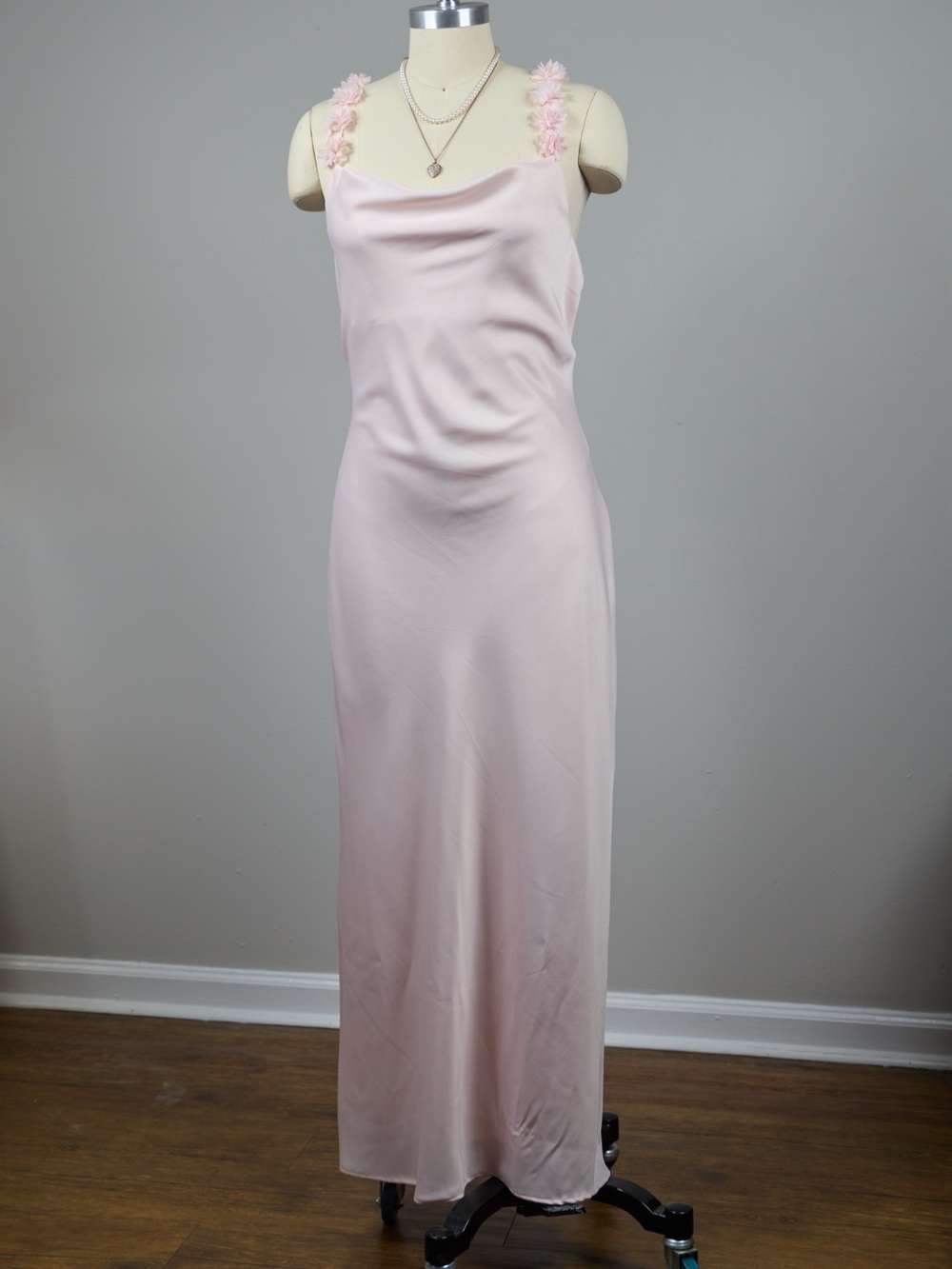 Blush Pink Satin Slip Dress with Floral Straps